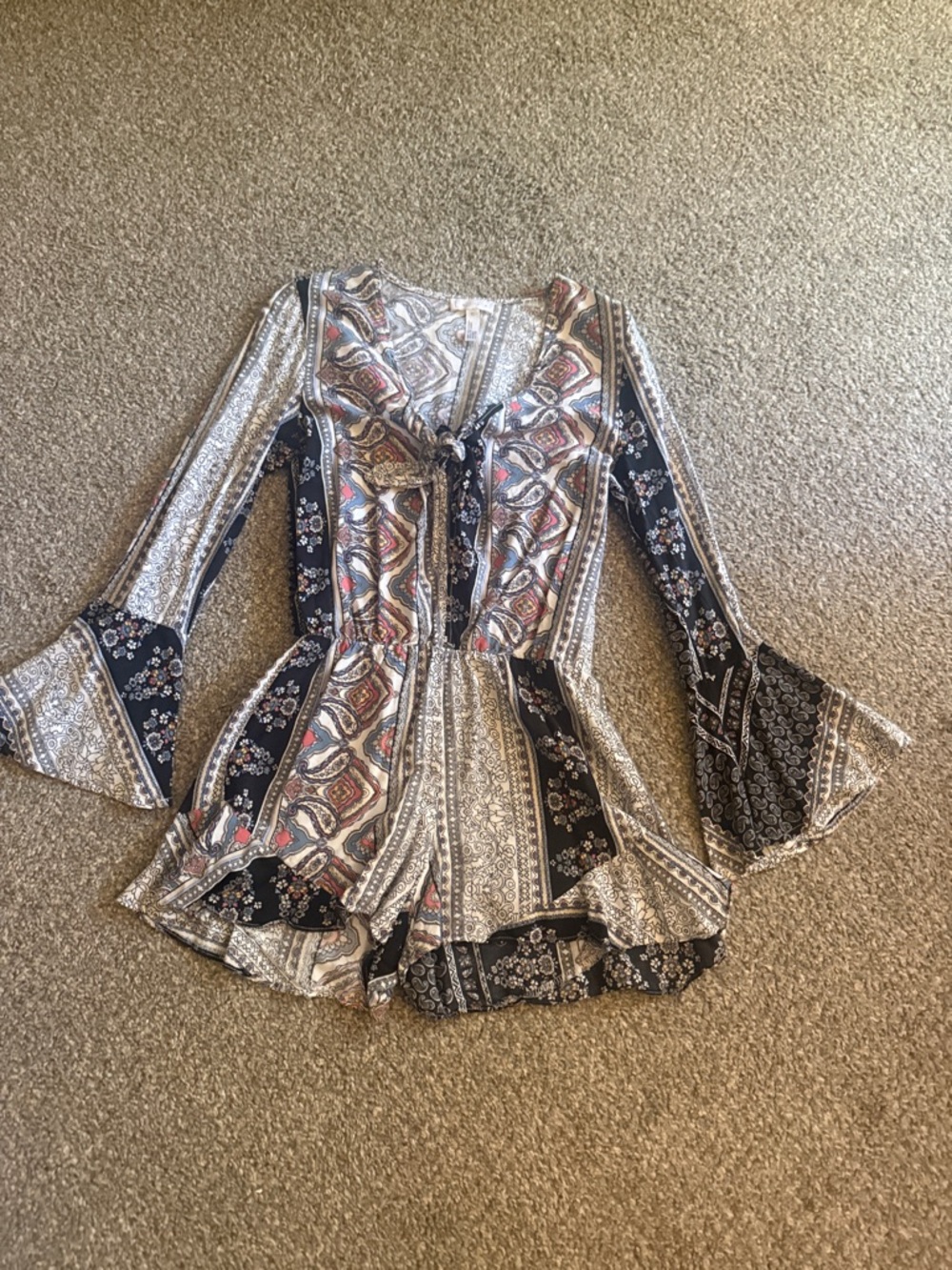 Leith - XS Boho Patchwork Long-Sleeve Women's Romper - Black Multi
